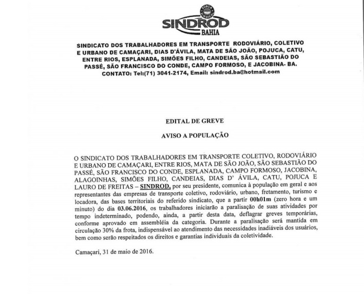 Rodoviários anuncia paralisação a partir desta sexta