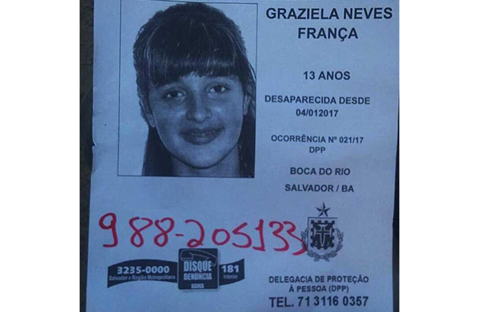 Adolescente de 13 anos está desaparecida em Salvador