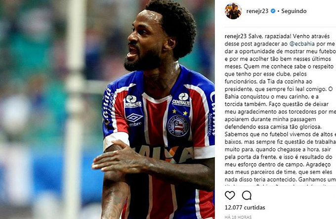 Renê Júnior se despede do Bahia: 'gratidão por essa camisa'