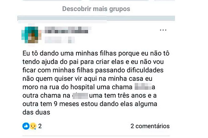 Sem dinheiro, mulher anuncia filhas para doação pela web 