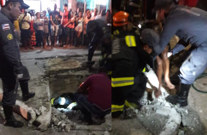 Bombeiros resgatam mulher que caiu em boca de lobo em Camaçari