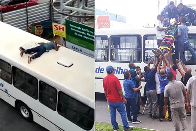 Homem cai de passarela e é 'salvo' por ônibus em Lauro de Freitas