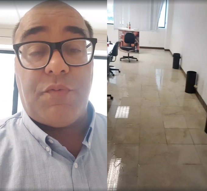 Em vídeo, Castro mostra alagamento em salas da prefeitura de Dias d'Ávila 