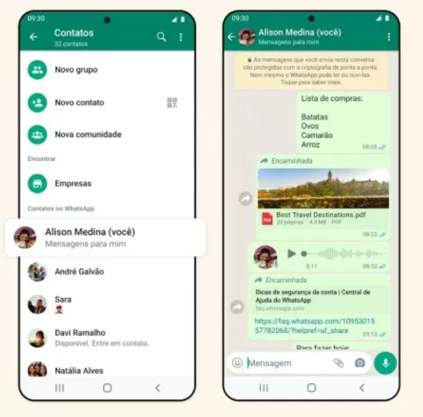 WhatsApp lança permissão para usuário mandar mensagem para si mesmo
