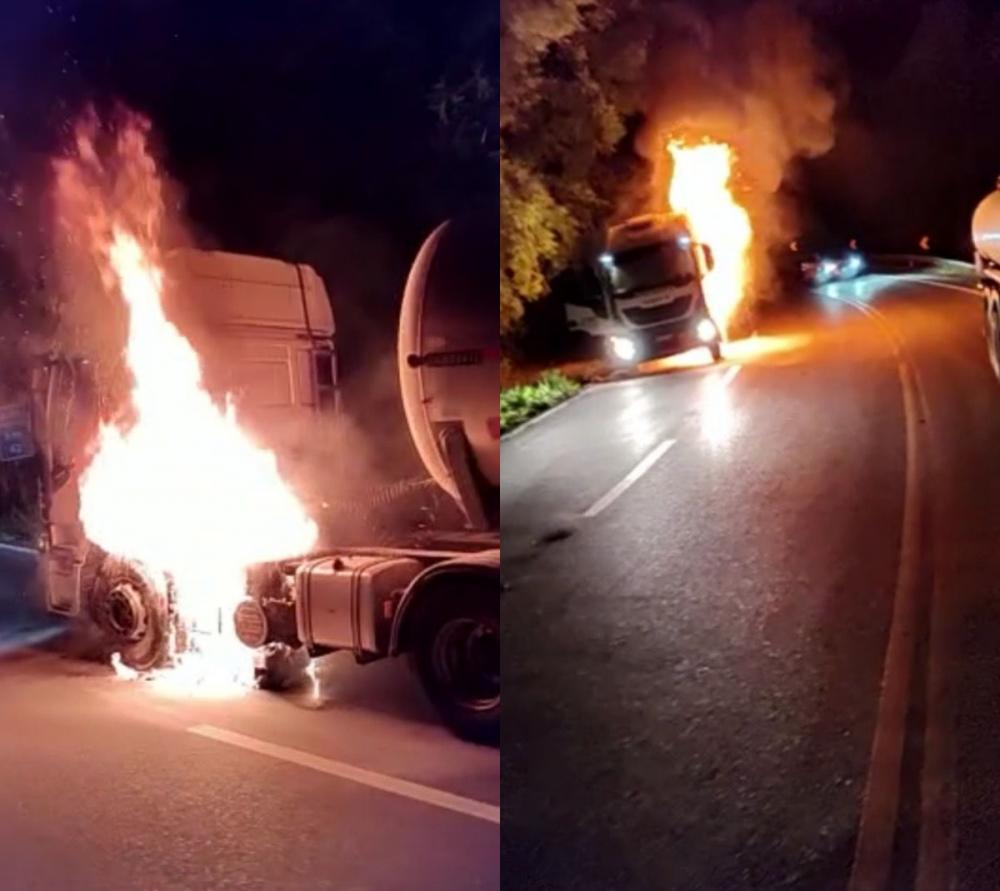 Carreta carregada de gasolina pega fogo na BA-093