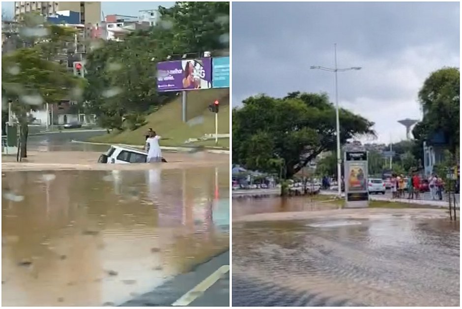 Vídeo: carro afunda em avenida no Garcia após rompimento de adutora