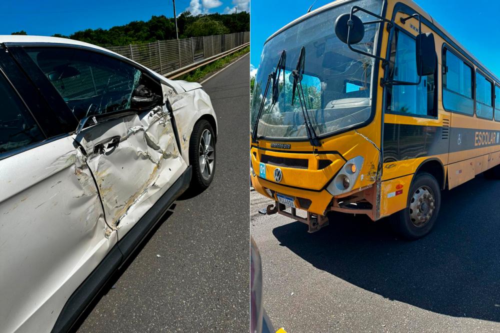 Ônibus escolar atinge carro SUV na Linha Verde, próximo a Açuzinho 