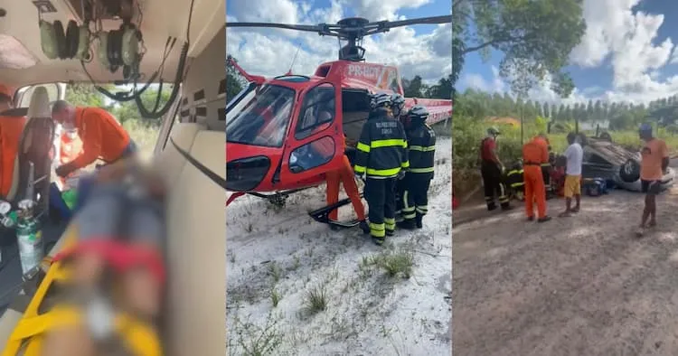 Helicóptero dos bombeiros resgata vítima de acidente em Mata de São João