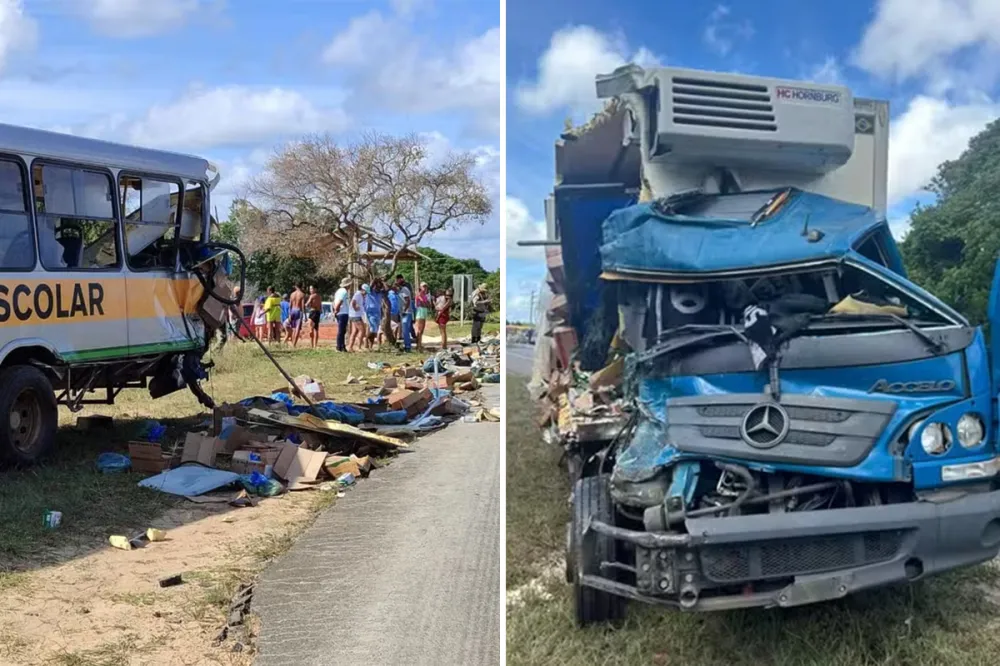 Homem morre e 22 pessoas ficam feridas após acidente entre ônibus escolar e caminhão na BA-099