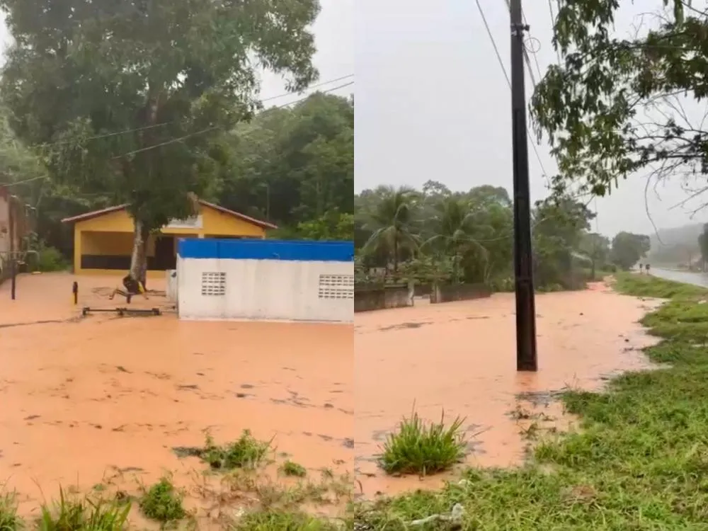 Forte chuva provoca alagamentos na BA-093 e deixa casas ilhadas no Camboatá