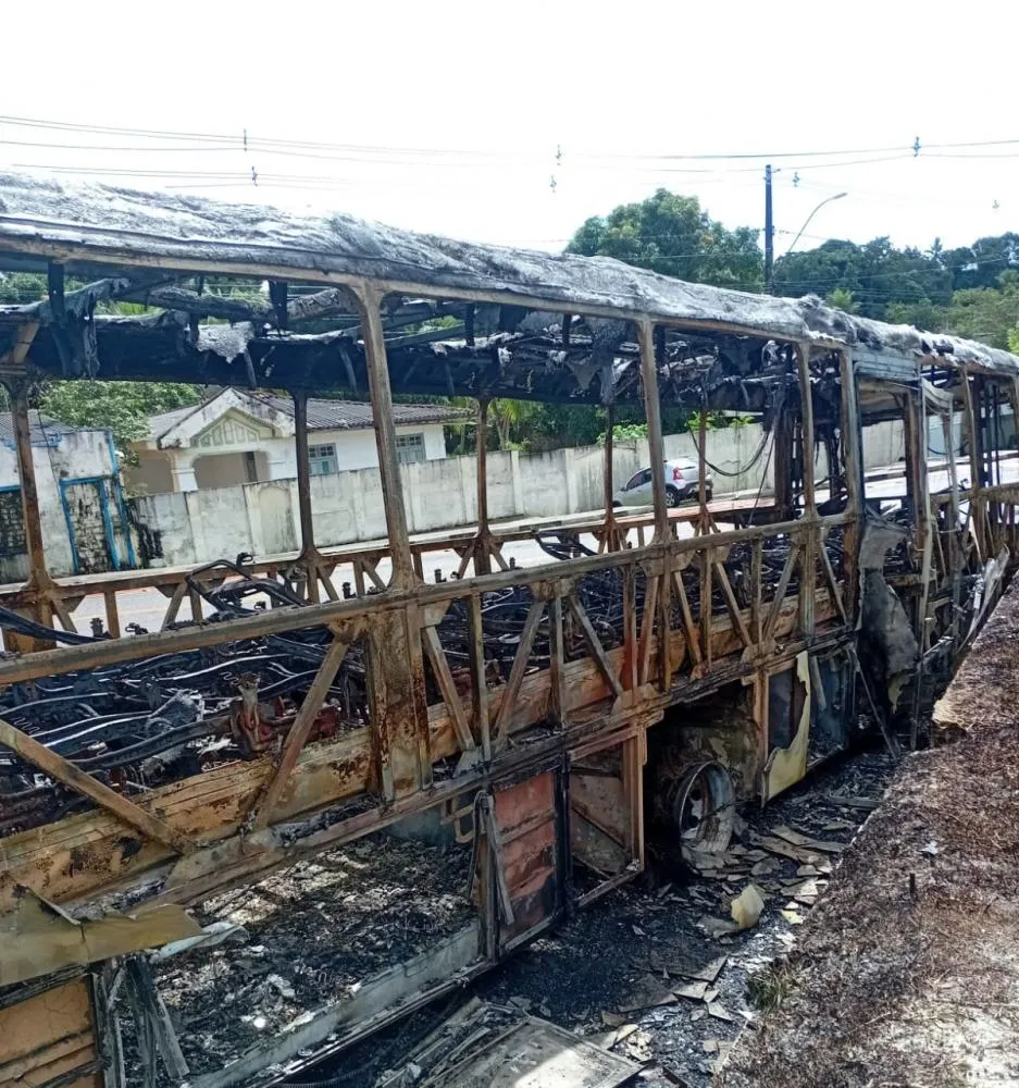 Ônibus é destruído por incêndio durante a madrugada deste domingo (18) 