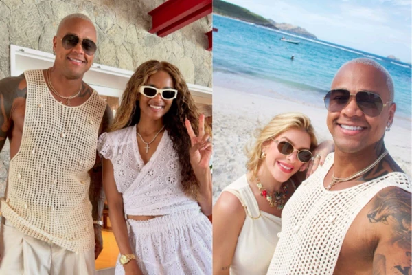 Leo Santana e Lore Improta passam férias no Caribe e cantor posa ao lado de cantora internacional