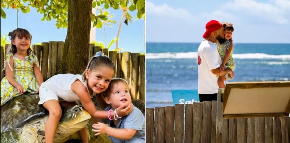 Zé Felipe aproveita fim de semana com os filhos e visita o Projeto Tamar na Praia do Forte