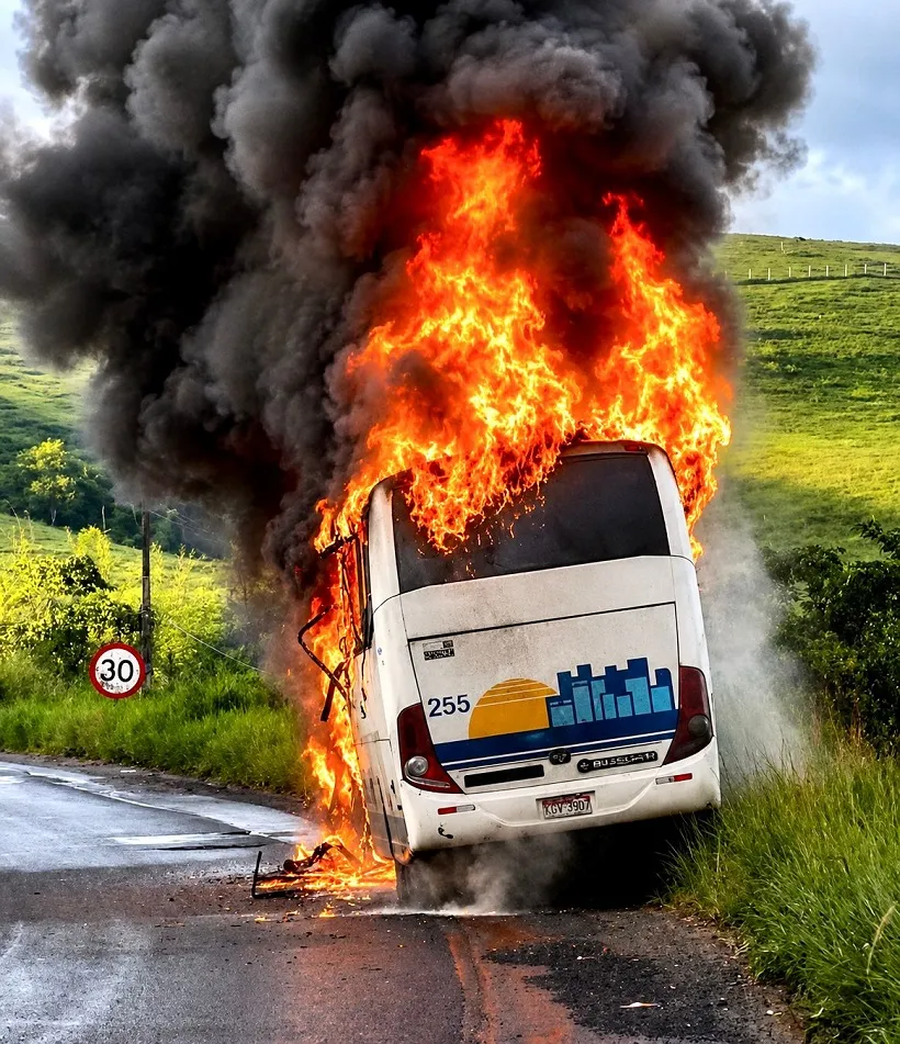 Ônibus da Viação Cidade Alagoinhas é destruído por incêndio na BR-110, em Catu